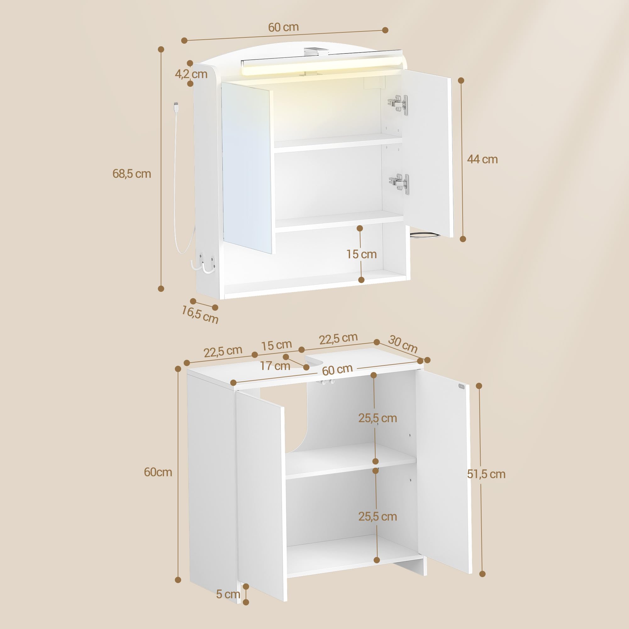 Hzuaneri Set di Mobili da Bagno, Mobiletto da Bagno, Mobile a Specchio da 60 cm con Lavandino, lluminazione a LED, per Bagno, Servizi Igienici, Lavanderia, Bianco BC10003XEU