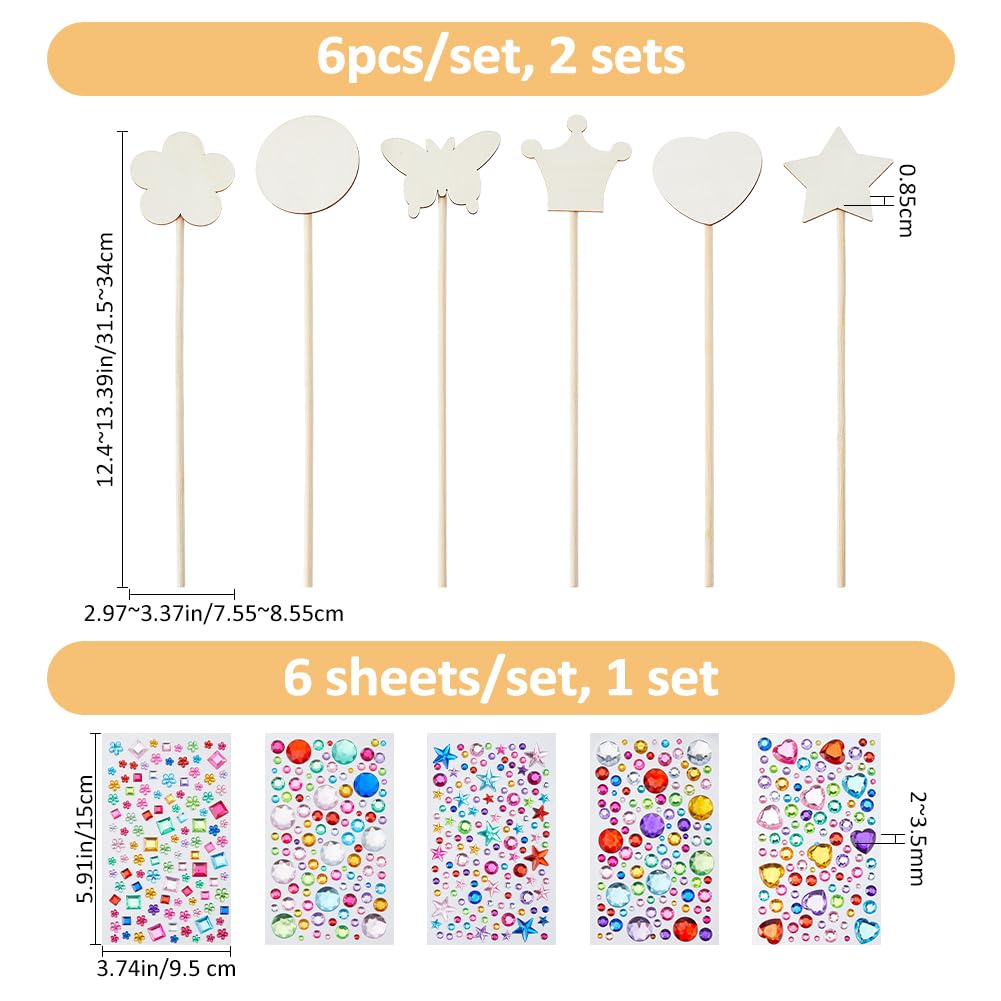 SUPERFINDINGS Princess Fairy Wands Kit Include 24Pcs 6 Styles Wooden Fairy Wands and 6 Gem Stickers Unfinished Wooden DIY Magical Crafts Princess Art Magical Show for Party Supplies - Image 2