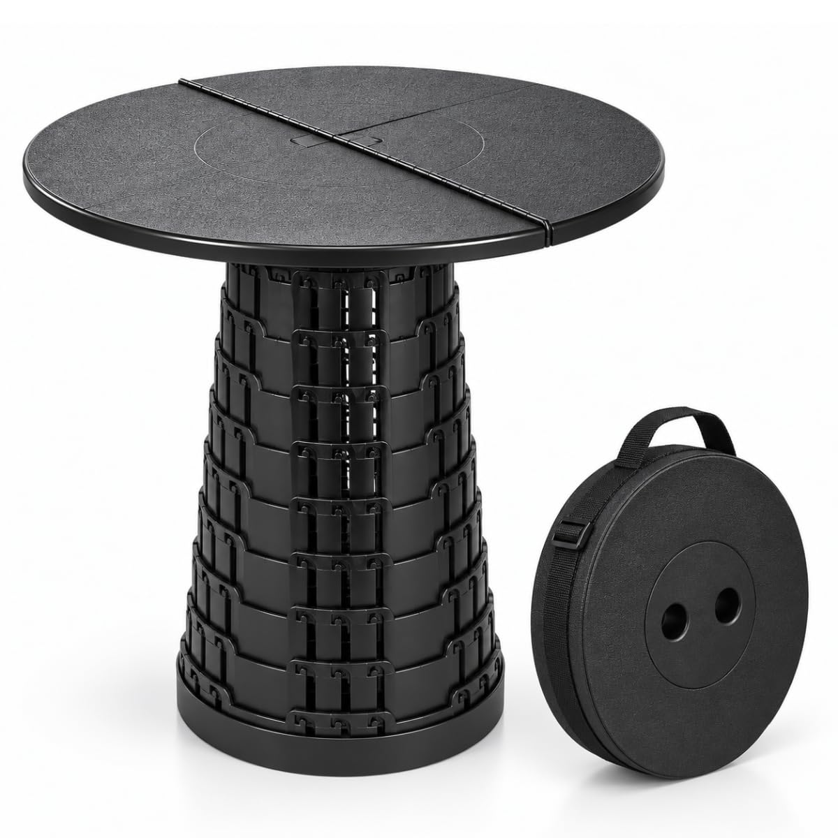 FBG Telescopic Folding Stool Retractable Collapsible Seat - Black | 250kg / 550lbs Load Capacity, 50cm Foldable Tabletop Included, Adjustable Lightweight Design | Camping, Festival, Garden, Hiking