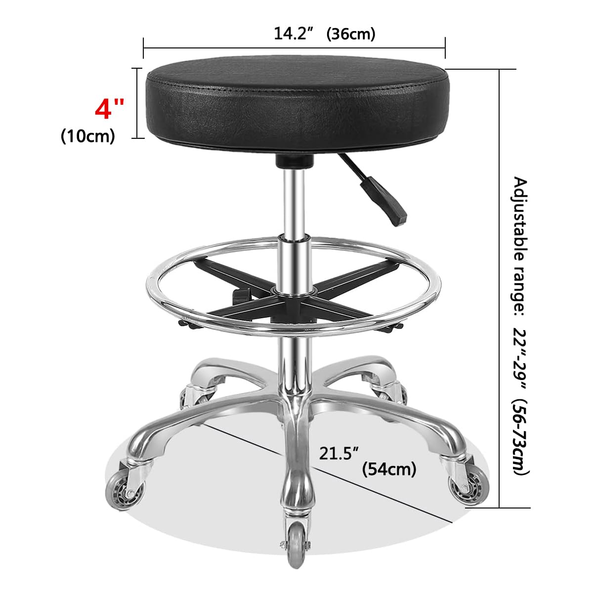 Taburete con ruedas hidráulico resistente para tienda, cocina, trabajo, pestañas, tatuaje, laboratorio, guitarra médica, silla giratoria ajustable (negro, con reposapiés)