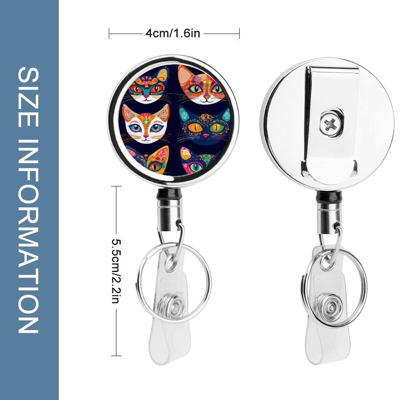 Folk with Cats Patterns Retractable Badge Holder Metal ID Name Holder Key Ring with Belt Clip