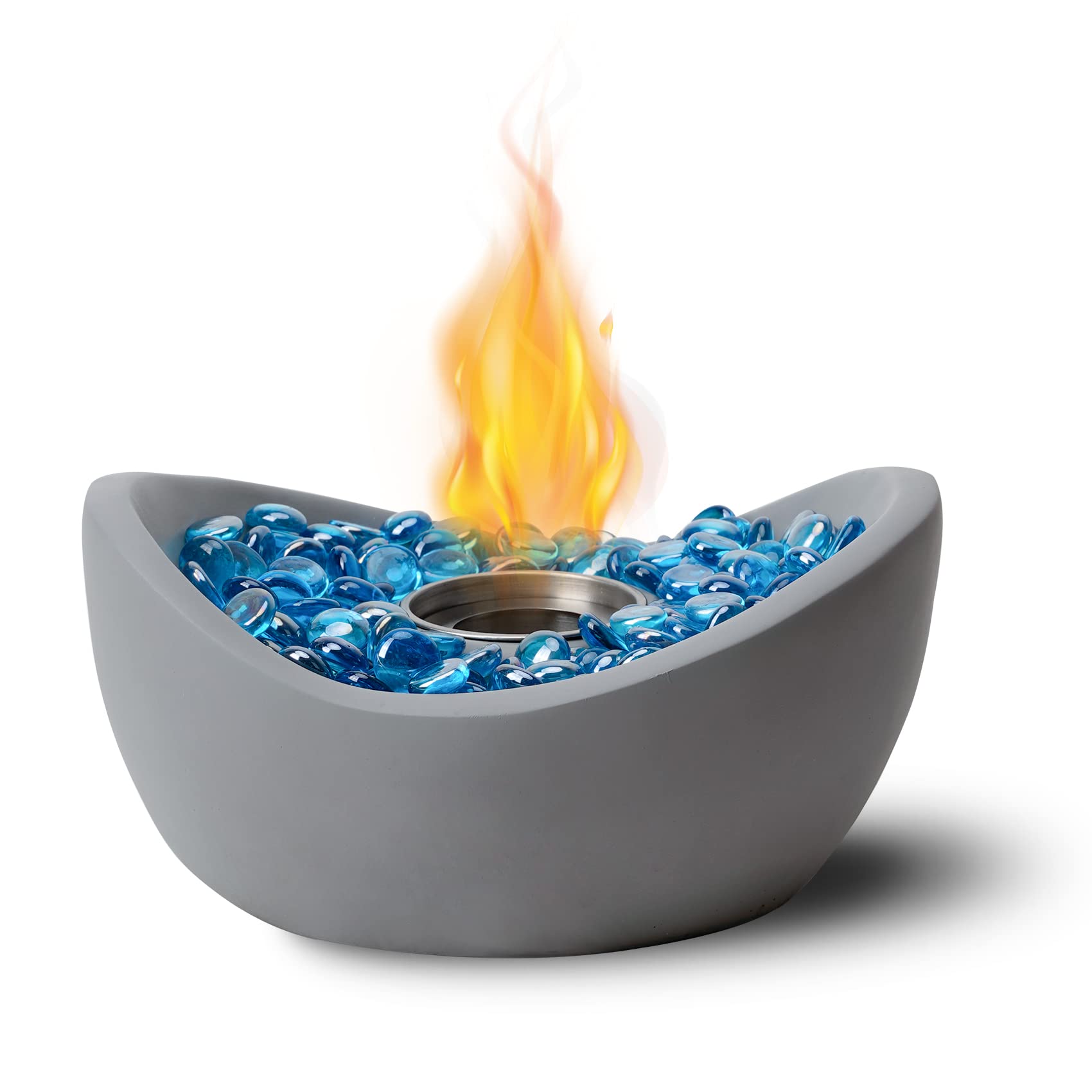 Tabletop Fire Bowl with Glass Stones, 10.5 Inch Portable Concrete Smokeless Fire Pit with Fire Glass, Clean Burning Alcohol Fireplace for Indoor and Outdoor use