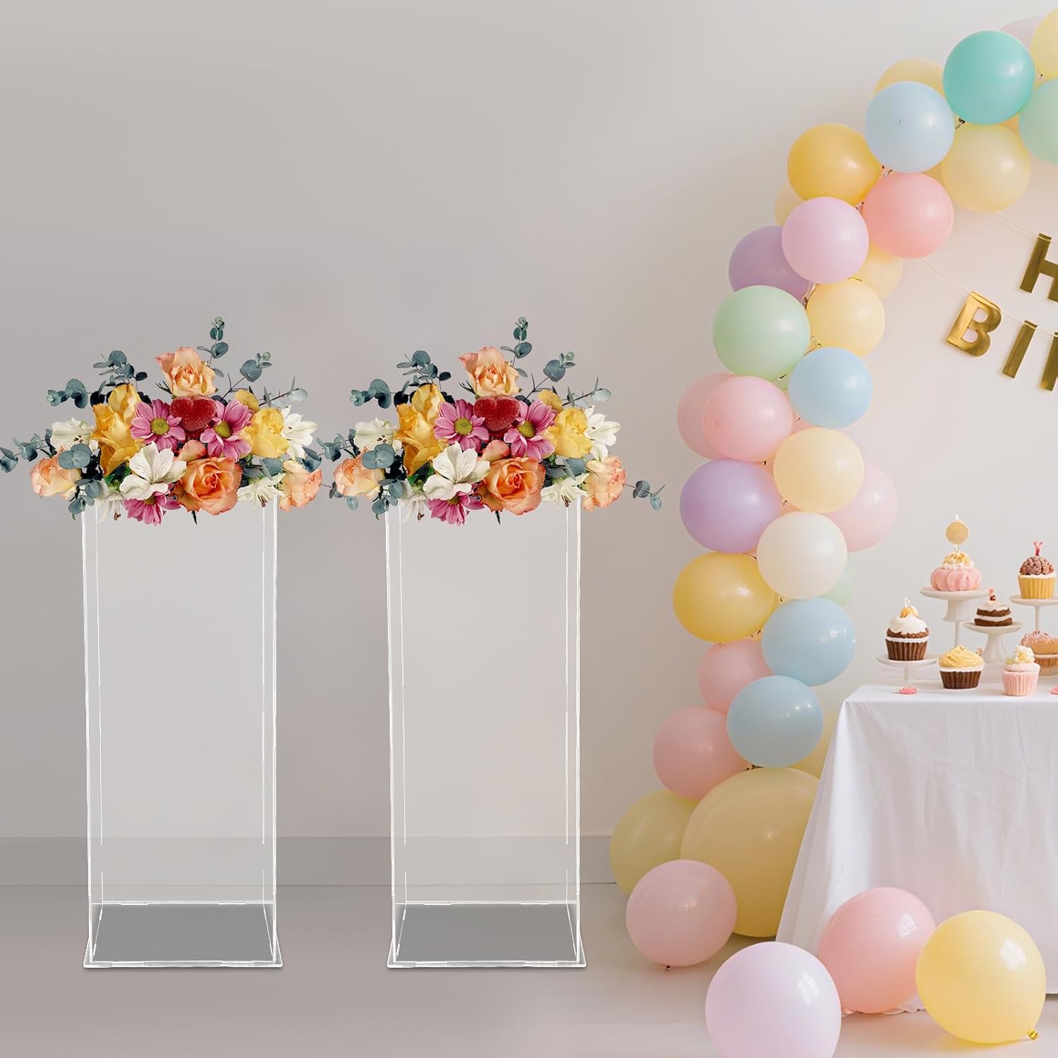 2PCS Acrylic Pedestal Stand, 23.6 Inch Tall Clear Art Sculpture Stand, Free Standing Display Box Pedestal Stands, Clear Rectangle Display Flower Tower for Party, Wedding Decorations