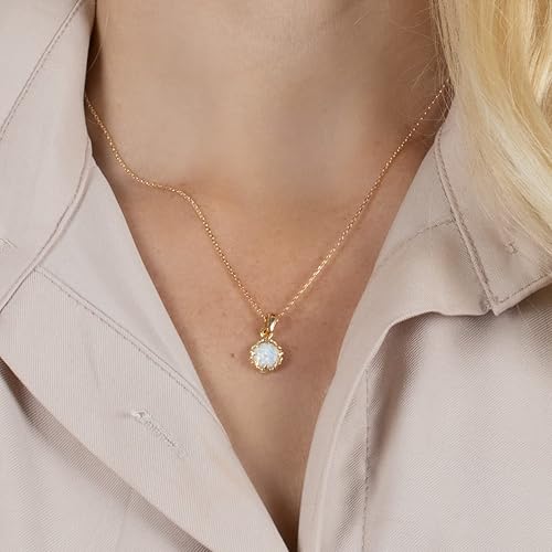 Miniatura 3 de White Opal Pendant Necklace for Women in 14k Yellow Gold Plated on 925 Sterling Silver - October Birthstone 8mm Round Cut Gemstone - Vintage