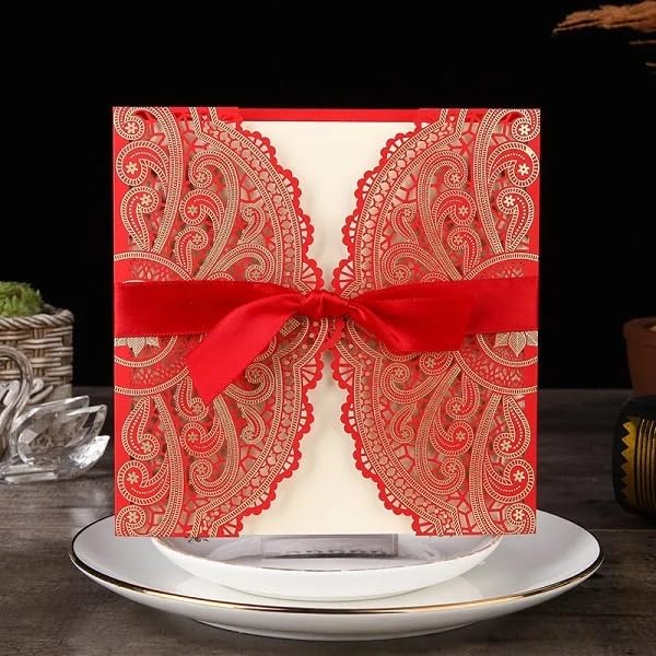 Faire Part De Mariage Invitations de Mariage 50 pièces Invitations élégantes en Dentelle Carte d'invitation de Mariage for fête d'anniversaire Faire Part Mariage(Red)