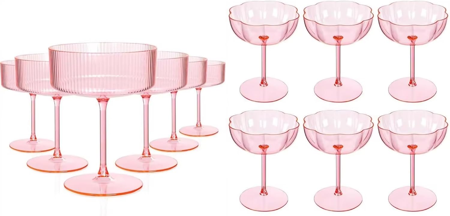 Ciaell 12PCS Plastic Ribbed Martini Glasses and 12PCS Plastic Martini Glasses