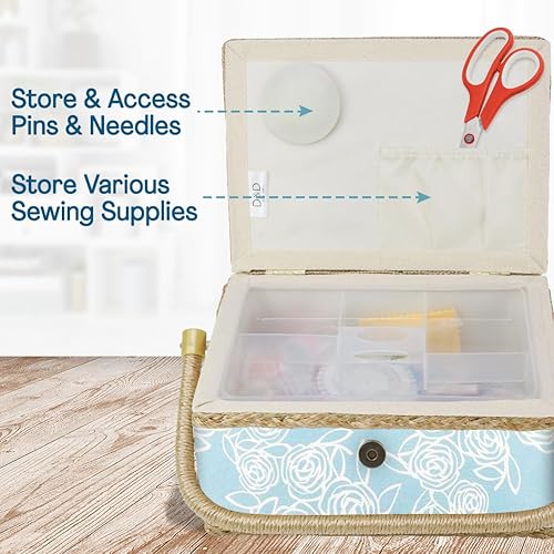 Vista 19 de Sewing Basket Organizer with Complete Sewing Supplies, Wooden Sewing Storage Organizer with Removable Tray Sewing Essentials and Tomato Pincushion