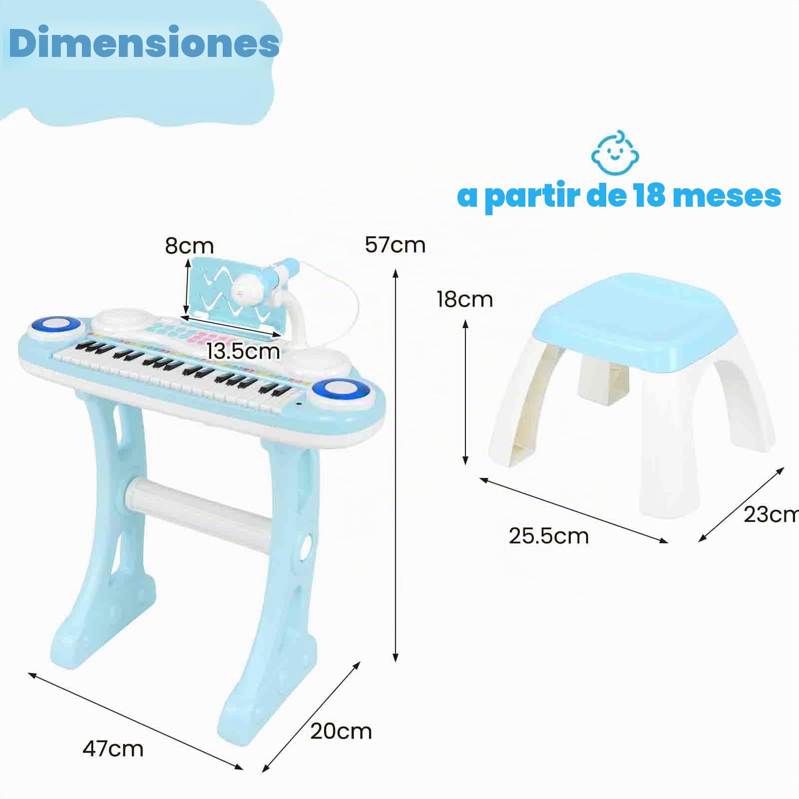 KOMFOTTEU Piano Infantil con 37 Teclas, Teclado de Piano con Efectos de Luz y Micrófono Ajustable, Teclado Electrónico con 8 Ritmos y 8 Sonidos, Taburete, para Niñas 18+ Meses (Azul)