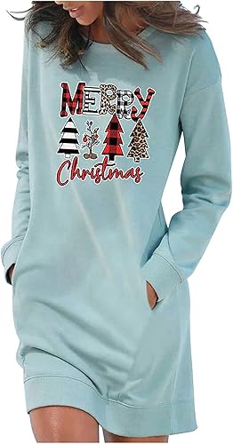 Vestidos de vacaciones para mujer estilo casual color liso manga larga cuello redondo bolsillo vestidos de invierno para feliz Navidad