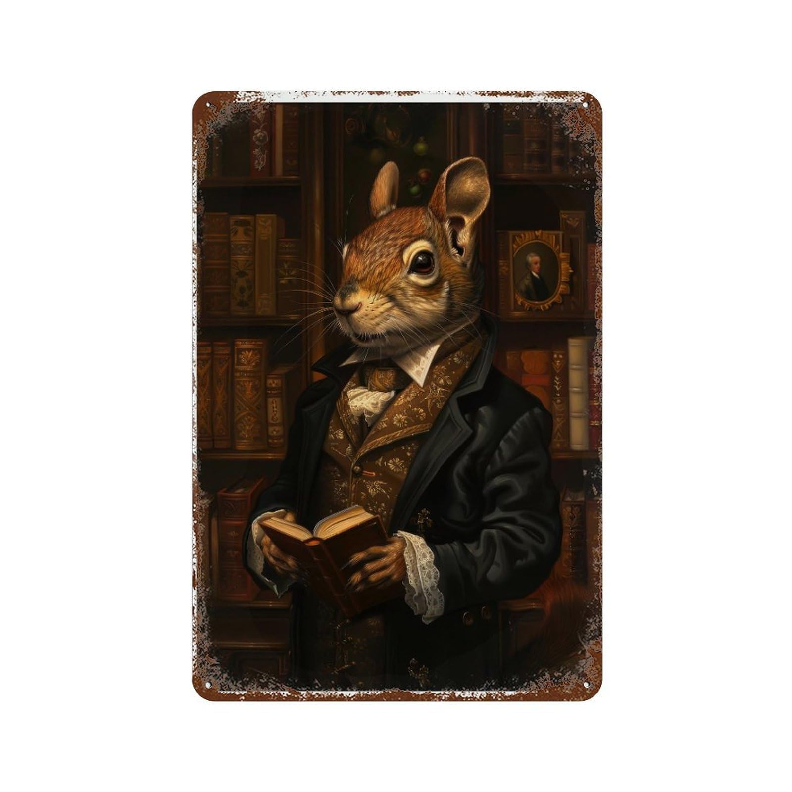 Gothic Squirrel Scholar Dark Academia Antique Animal Portrait Victorian Era Rustic Vintage Wall Decor Art Metal Tin Poster Modern Home Decor Art Home Bar Shop Decorations Vintage Sign 30x20cm
