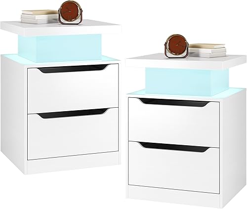 Miniatura 8 de Gizoon Mesita de noche con estación de carga, 2 cajones, mesita de noche con luces LED, moderna mesita de noche de madera, mesa auxiliar con Negro