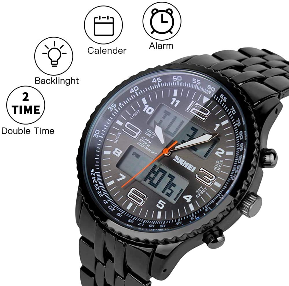 MASTOP Reloj de pulsera para hombre, digital, deportivo, resistente al agua, con cronógrafo de doble hora, alarma, retroiluminación, acero inoxidable, relojes de negocios para hombre