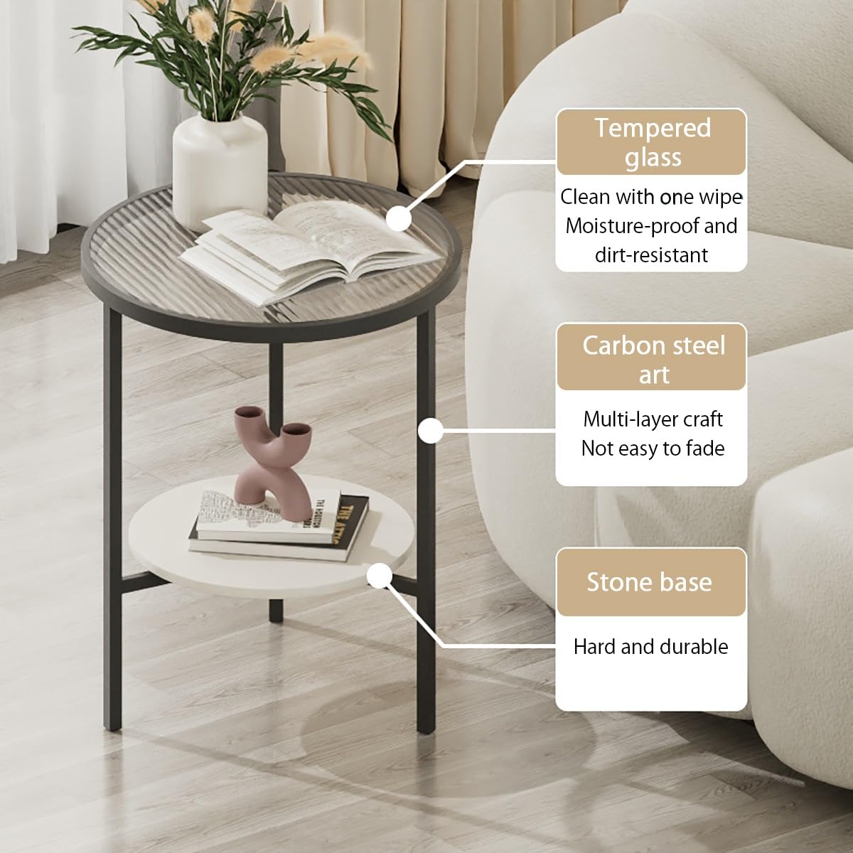 Mesa Auxiliar Redonda De Vidrio De 2 Niveles,Mesas Auxiliares para Salon De Metal,Mesita De Noche Moderno,para Pequeña,Dormitorio,Sofá(White,W15.7/40cm)