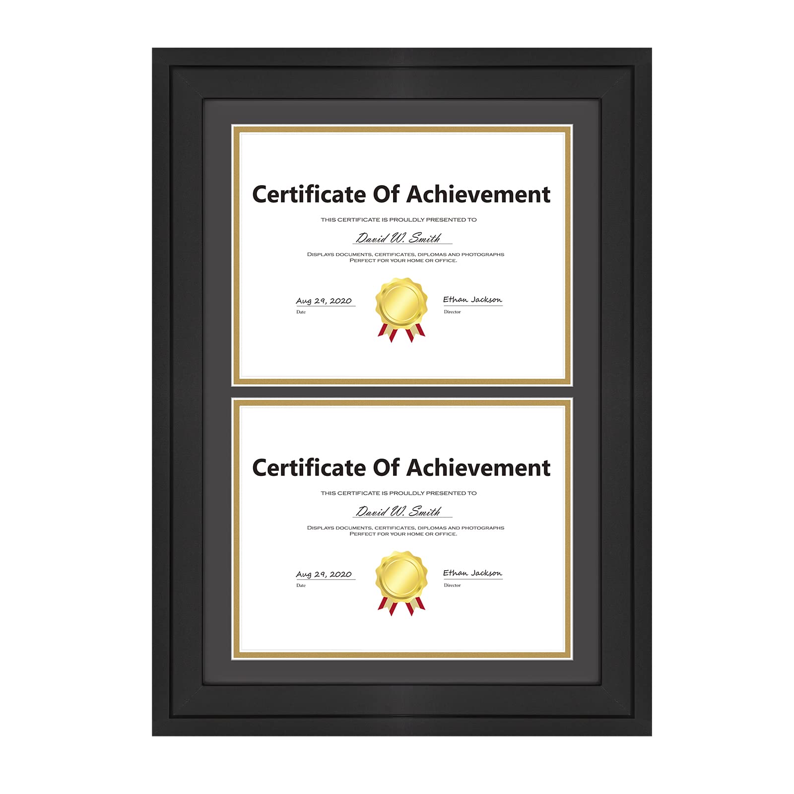 Golden State Art 14x20 Double Diploma Frame, Black Frame to Dispalay Double 8.5x11 Document with Black over Gold mat, Solid Wood & Tempered Glass Protection