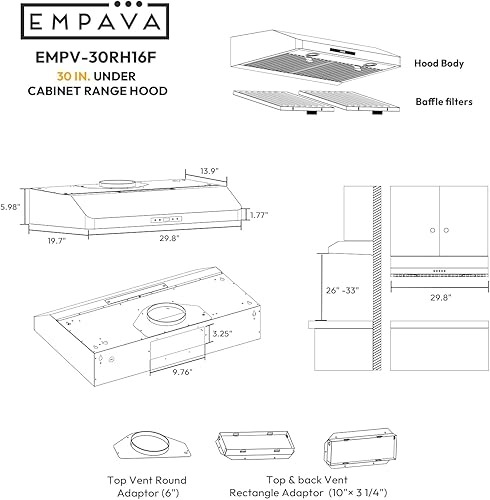 Miniatura 6 de Empava Campana extractora sin conductos debajo del gabinete de 30 pulgadas, control táctil, enchufe de 300 CFM, acero inoxidable