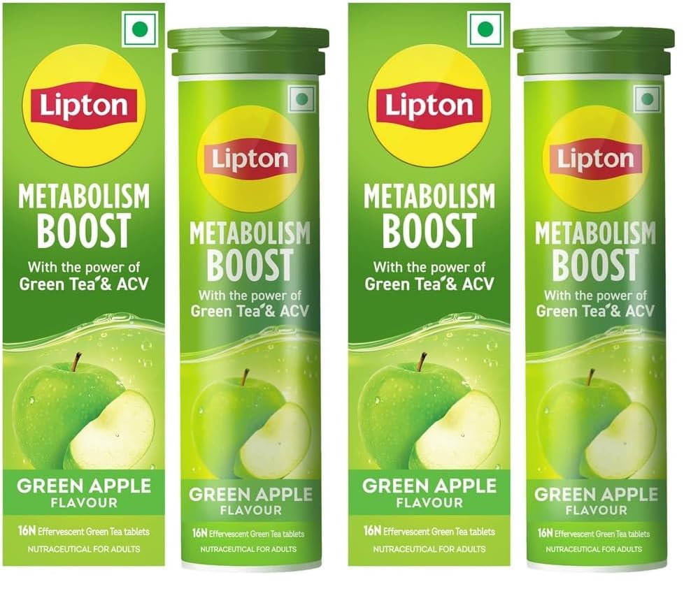 Lipton Metabolism Boost with 150mg Green Tea Catechins and 50mg ACV (Apple Cider Vinegar) | For Weight Loss & Fat Burn | Zero Calories | 16N Effervescent Tablets | Green Apple Flavour (Pack of 2)
