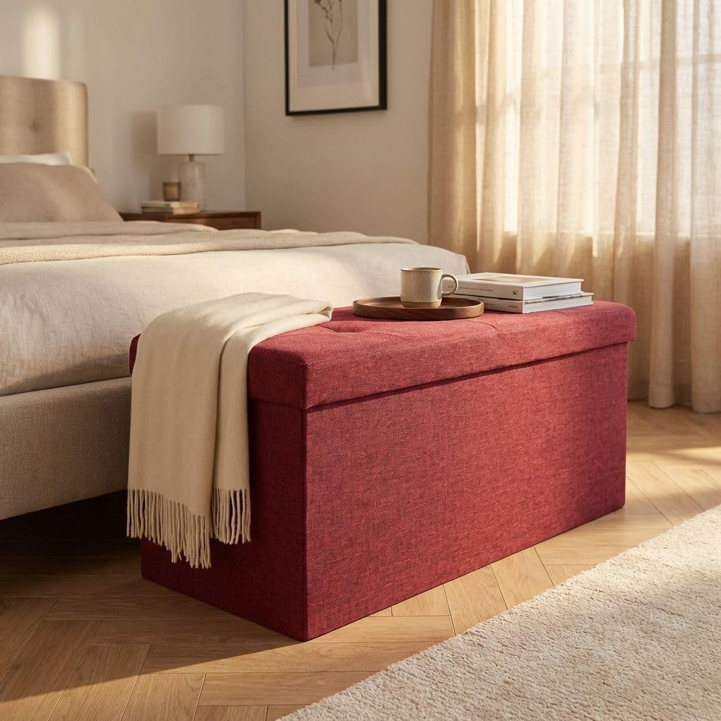 milani home - pouf contenitore rettangolare, tessuto, seduta contenitore poggiapiedi, rosso, 76 x 38 x 38 cm