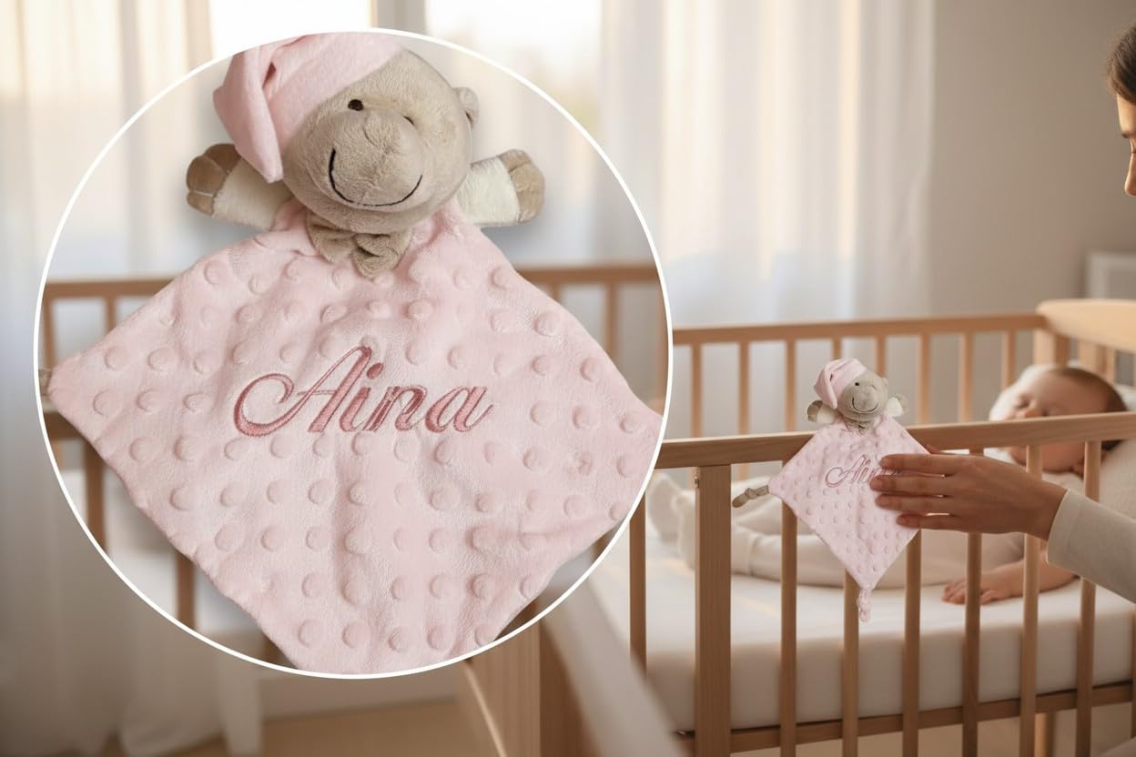 Danielstore Doudou Bebé Personalizado con Nombre Bordado, Mantita de Apego Suave Tacto Terciopelo 28x17 cm, Regalo Recién Nacido, Baby Shower, Bautizo (Osito)