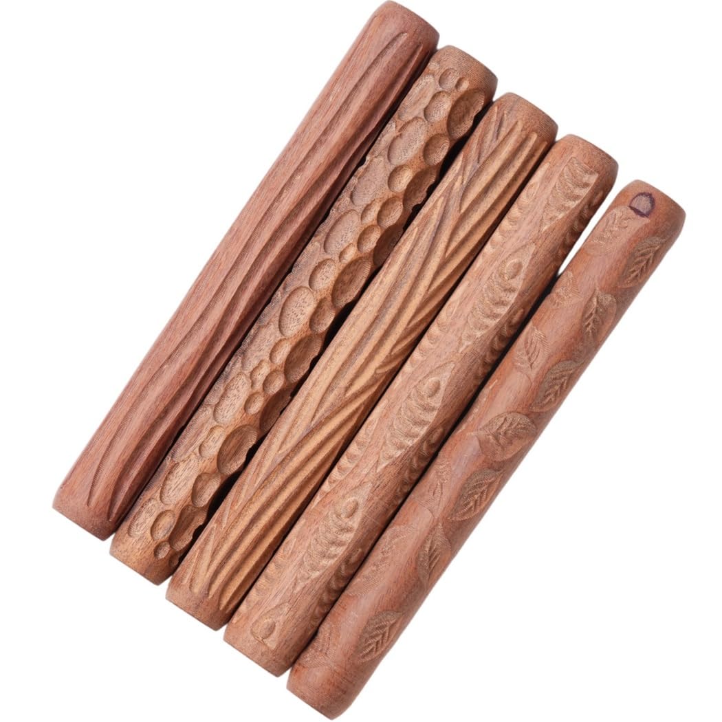 Lot de 5 rouleaux à pâtisserie en bois avec motifs de feuilles, poissons, galets et grains pour artistes