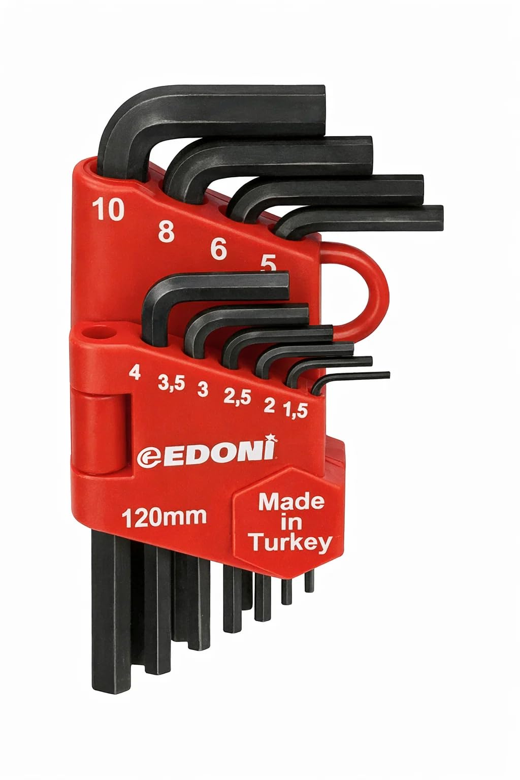 Edoni 10 Parça L Alyan Anahtar Takımı, Hex, Metrik 1.5–10 mm Boyutlu, Dayanıklı, Taşıma Aparatlı, Profesyonel Kalite, Hobi ve Endüstriyel Kullanım İçin Mini Set (Siyah, 120 mm)