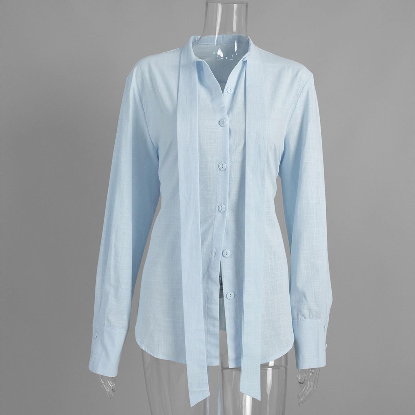Blusa de Algodón con Botones y Manga Larga for Mujer, Camisa con Cinturón for Oficina e Informal