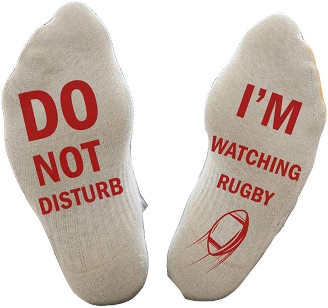 SoulQ Letter Printed Novelty Funny Sayings Knitted Crew Socks - DO NOT DISTURB,I'M WATCHING RUGBY (White)