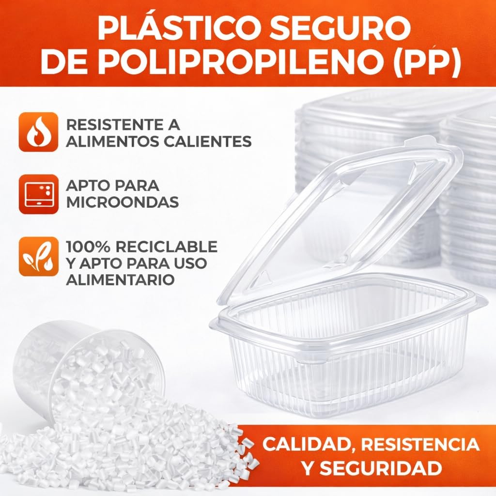 Envases comida para llevar 1000ml, pack de 100 unidades, tapa transparente, recipientes plástico PP desechables para hostelería, restauración y delivery, comida caliente y fría, apto para microondas
