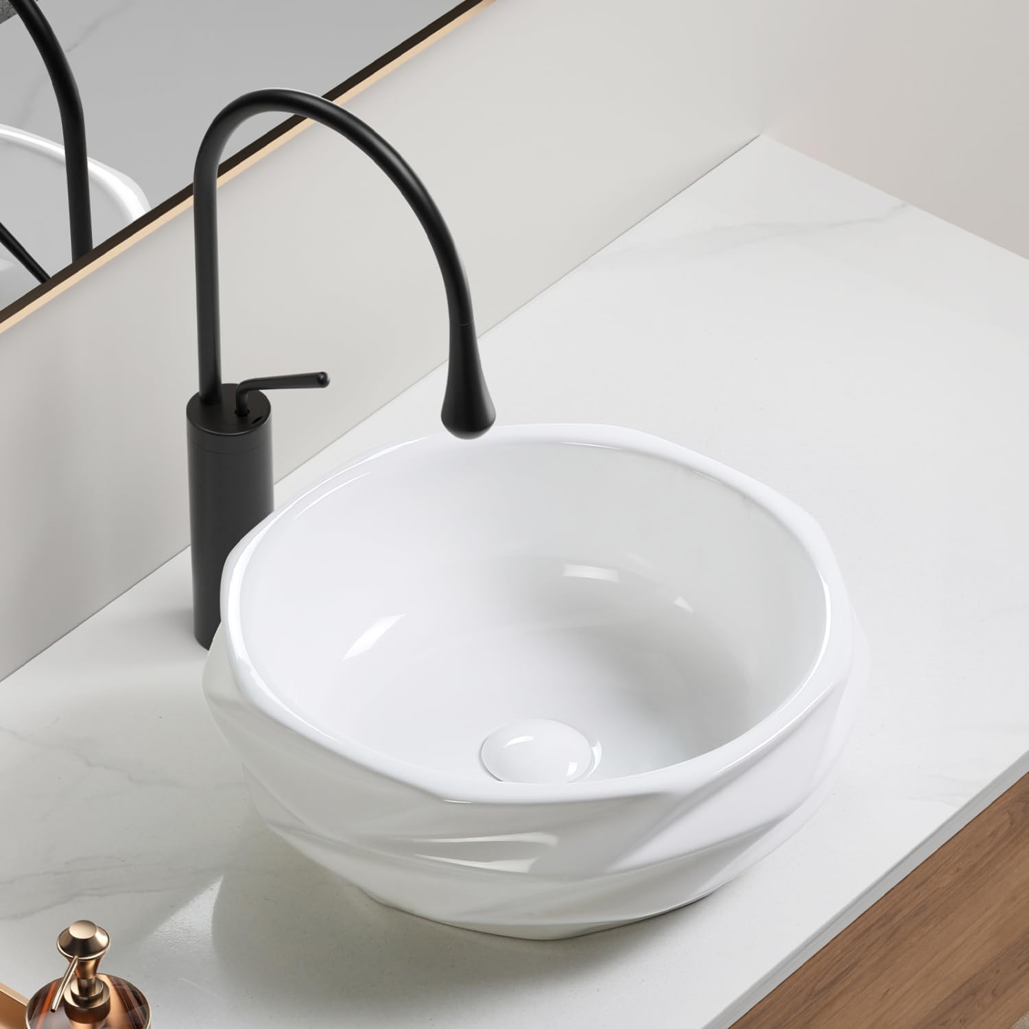 Round Diamond-Quilted Ceramic Vessel Sink Milk White 3D Diamond Quilted Texture Powder Rooms, RV, Tiny Homes Elegant Design