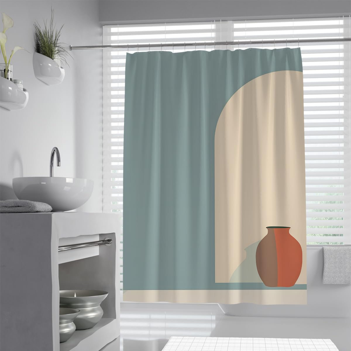 UIRINGART Traditional Bathroom Curtains W100xL200cm Abstract Geometric Arch and Pottery Vase Shape Mildew Mould Resistant Polyester Fabric Wet Room Shower Curtain