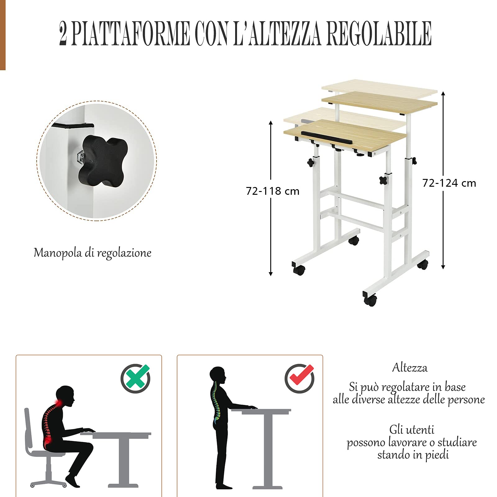 RELAX4LIFE Postazione di Lavoro per Computer, Tavolo Regolabile in Altezza con Ruote Girevoli, Scrivania in Struttura di Metallo con 2 Piattaforme Spaziose, 60 x 55 x (72-124) cm (naturale)