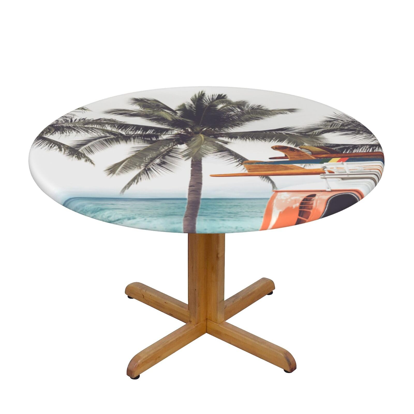 Ffshkowe Colorful Bus Palm Tree Elastic Round Tablecloth Oil Proof Table Cover For Dining Party Picnic