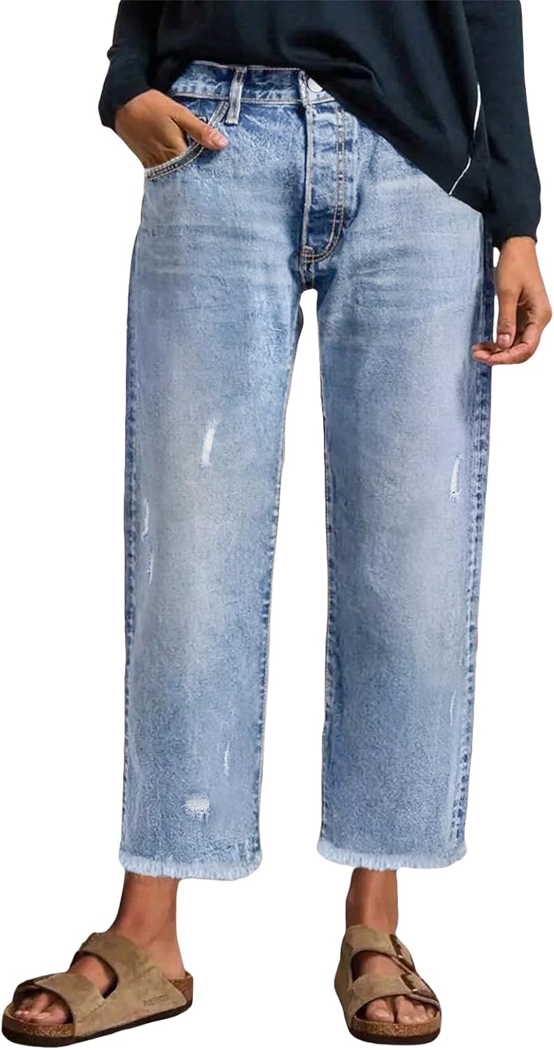 EVALESS Wide Leg Jeans for Women Stretchy Distressed Washed Straight Leg Loose Frayed Raw Hem Denim Ankle Pants with Pockets