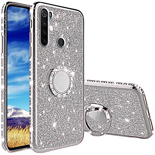 Funda para Xiaomi Redmi Note 8T, Glitter Brillante Diamante con 360 Grado Anillo Kickstand Ultra Delgada Premium Fina Resistente Silicona TPU Doble Capa Anti Choques Protectora Carcasa - Plata