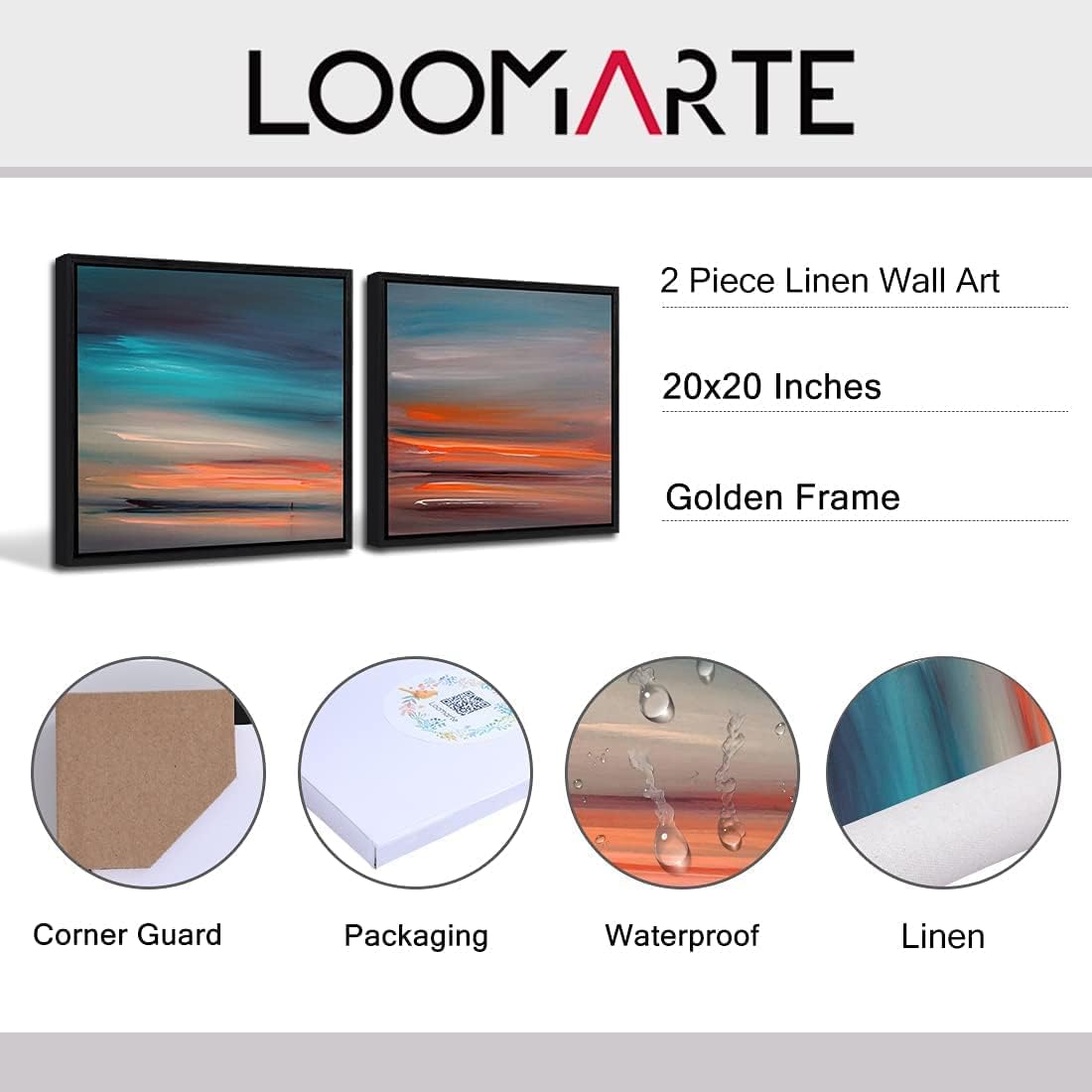 Loomarte Abstract Beach Wall Art Giant Ocean Landscape Picture Linen Print Nature Walls Decor Scenery Painting for Living Room Bedroom Home Decorations 20x20 Inches, 2 PCS Artworks (Black Frame)