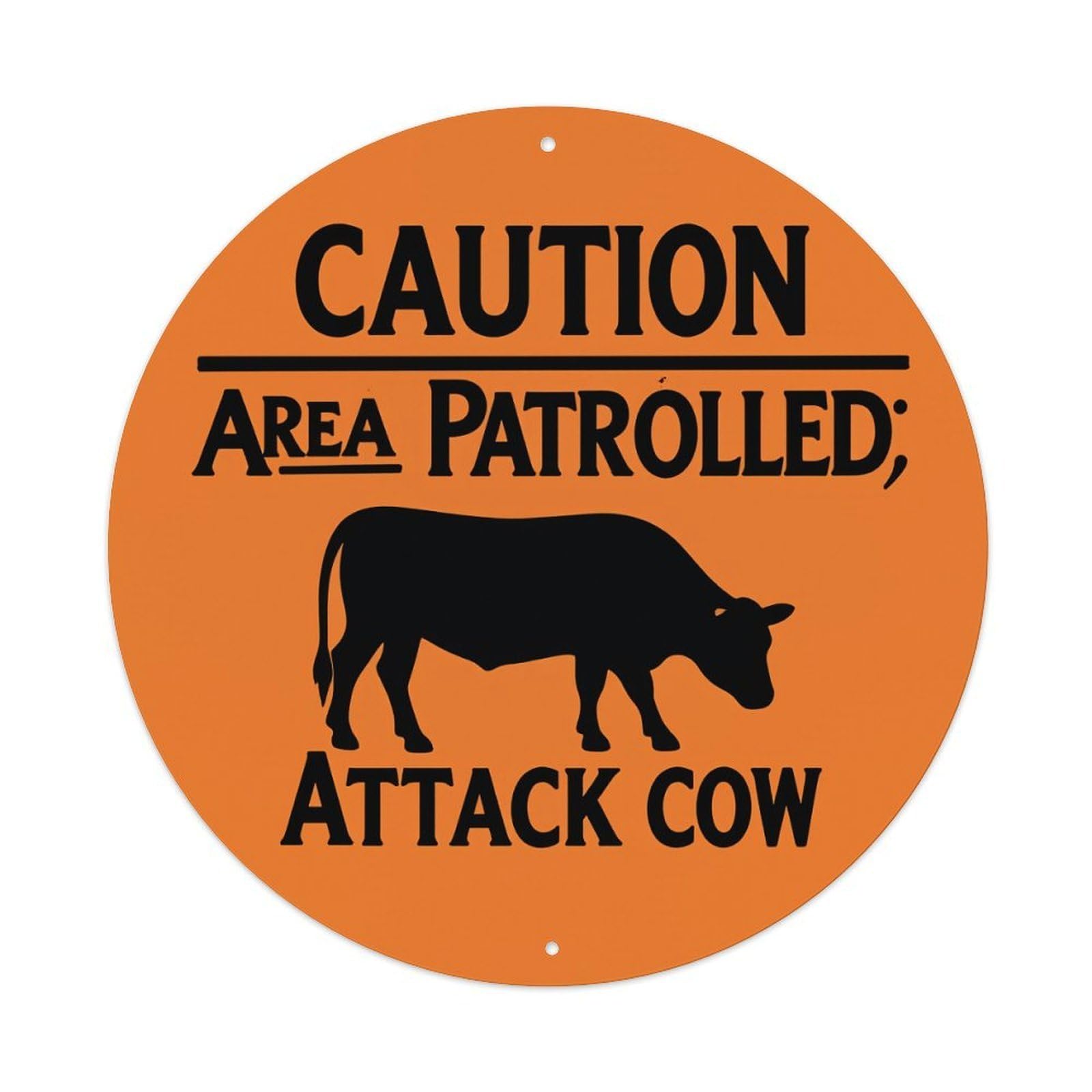 Lzwbntey Vintage Caution Area Patrolled Attack Cow Metal Tin Sign Retro Wall Decor For Home Bar Garage Cafe, Indoor & Outdoor Decorative，Circle Metal Poster, 8X8 Inch
