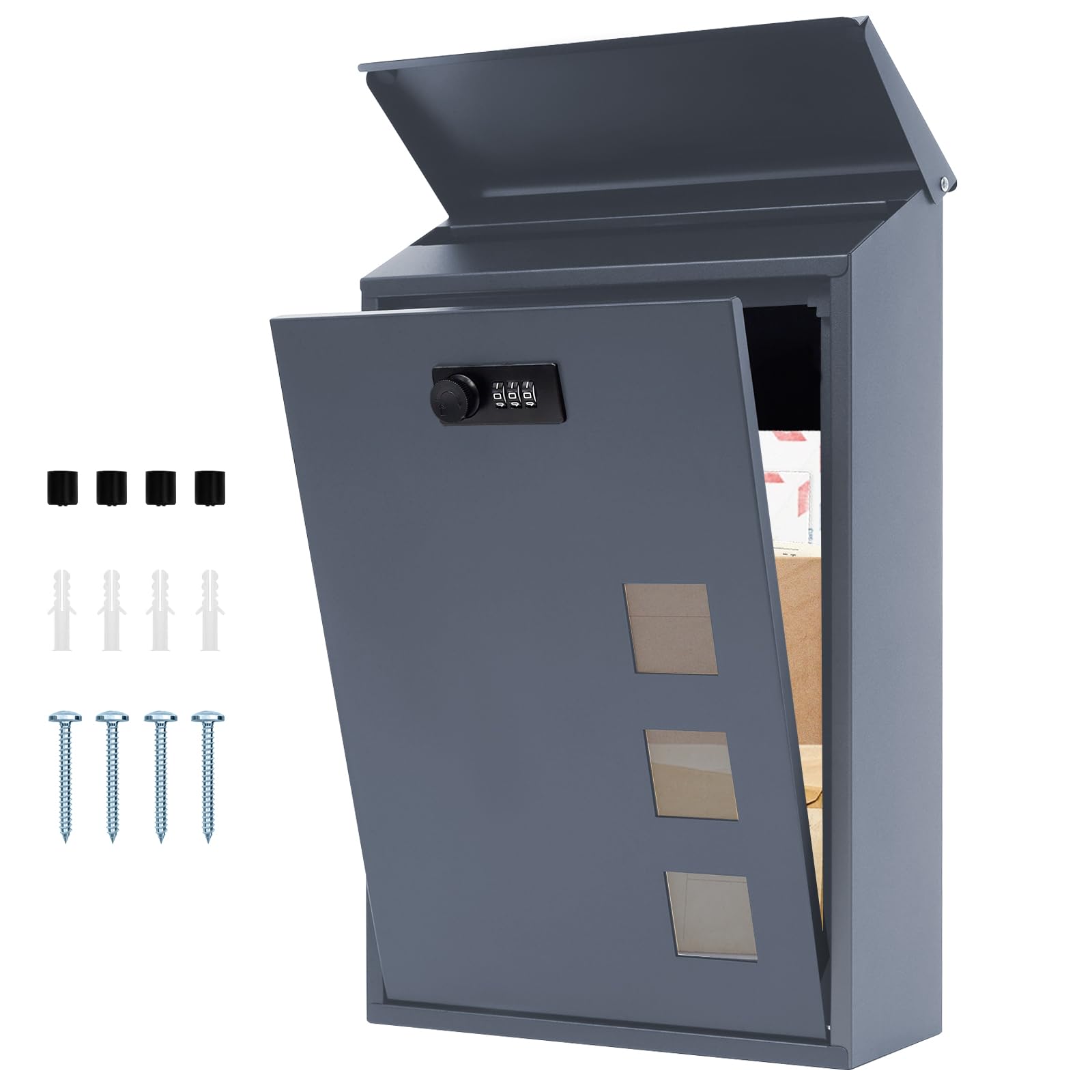 Post Box Wall Mounted, Steel Mail Box with Combination Lock - Weather-Resistant, 3 Viewing Windows, Rain Cover, Lockable for Outside, 40 x 25 x 10 cm - Anthracite Grey-image-18