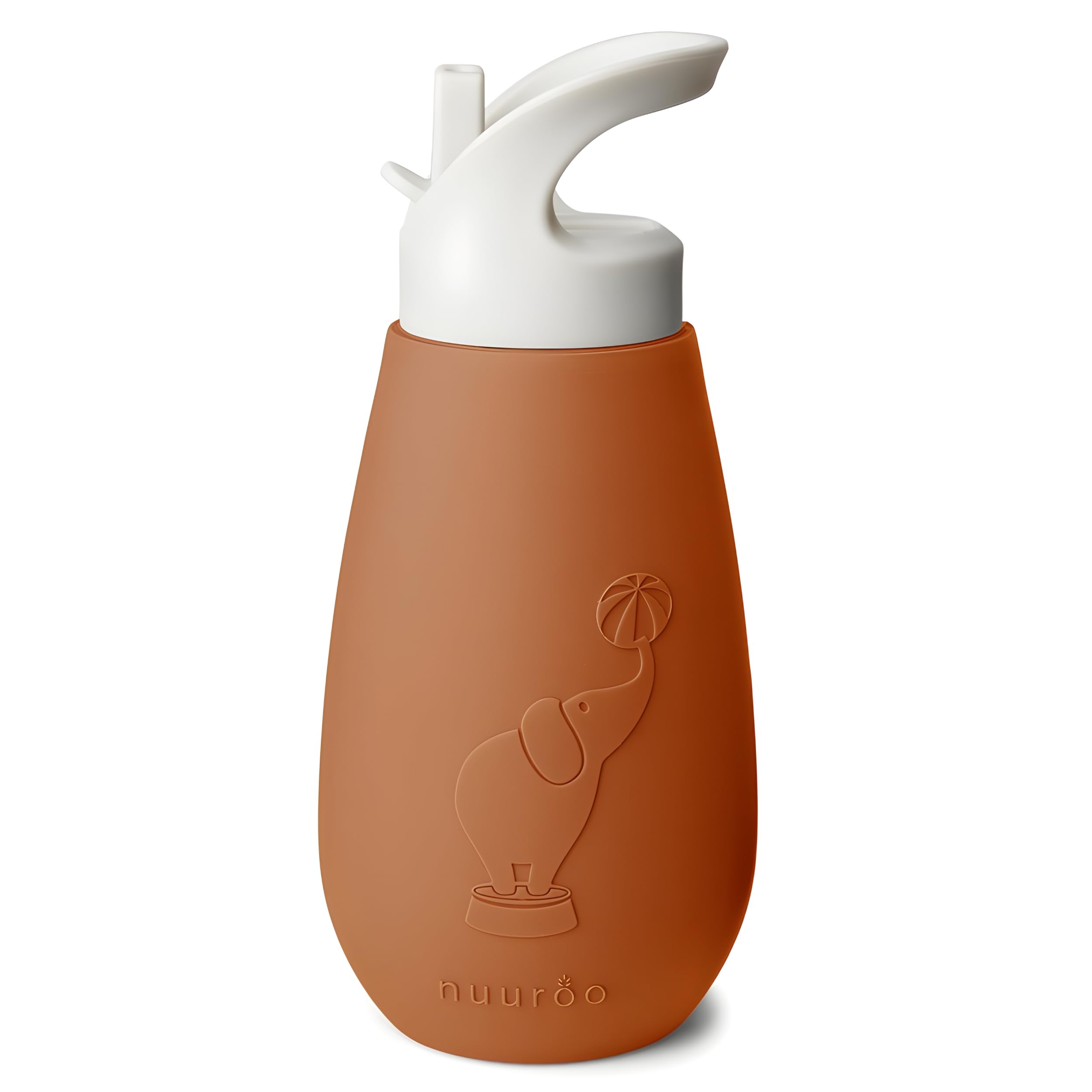 Nuuroo Pax Silicone Drinking Bottle – 350 ml Reusable Kids Water Bottle with Circus Elephant Design, LFGB Food-Grade Silicone, BPA-Free, Designed in Denmark (Caramel Café)