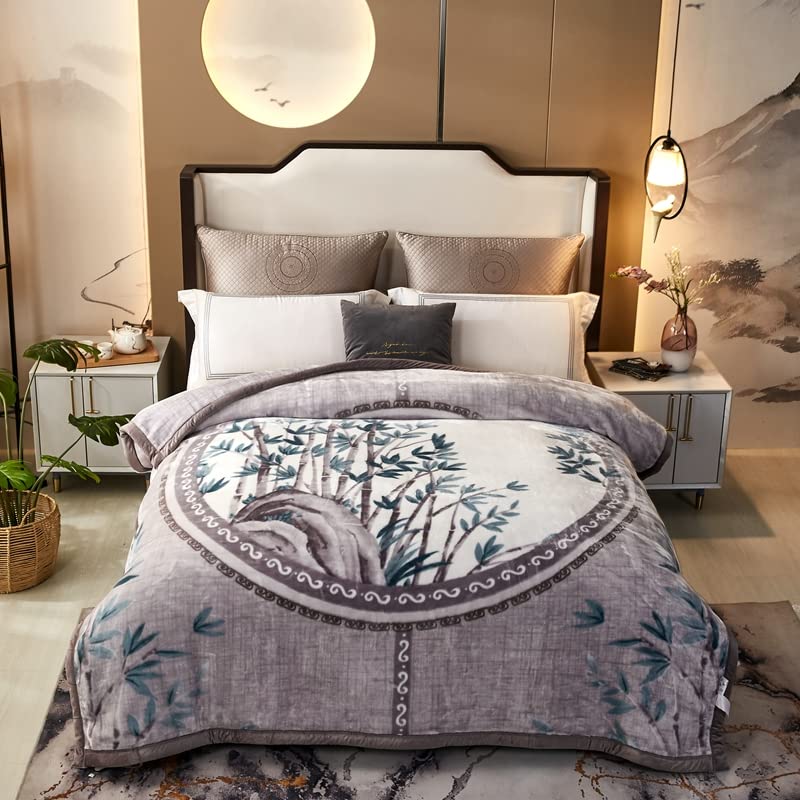 Koreanische Nerzdecke, schwere Fleecedecke für Herbst und Winter, 200,7 x 231,1 cm, 4,1 kg, 2-lagig, bedruckte Raschel-Bettdecke, weich und gemütlich, Queen-Size-Größe, luxuriöse koreanische Decke