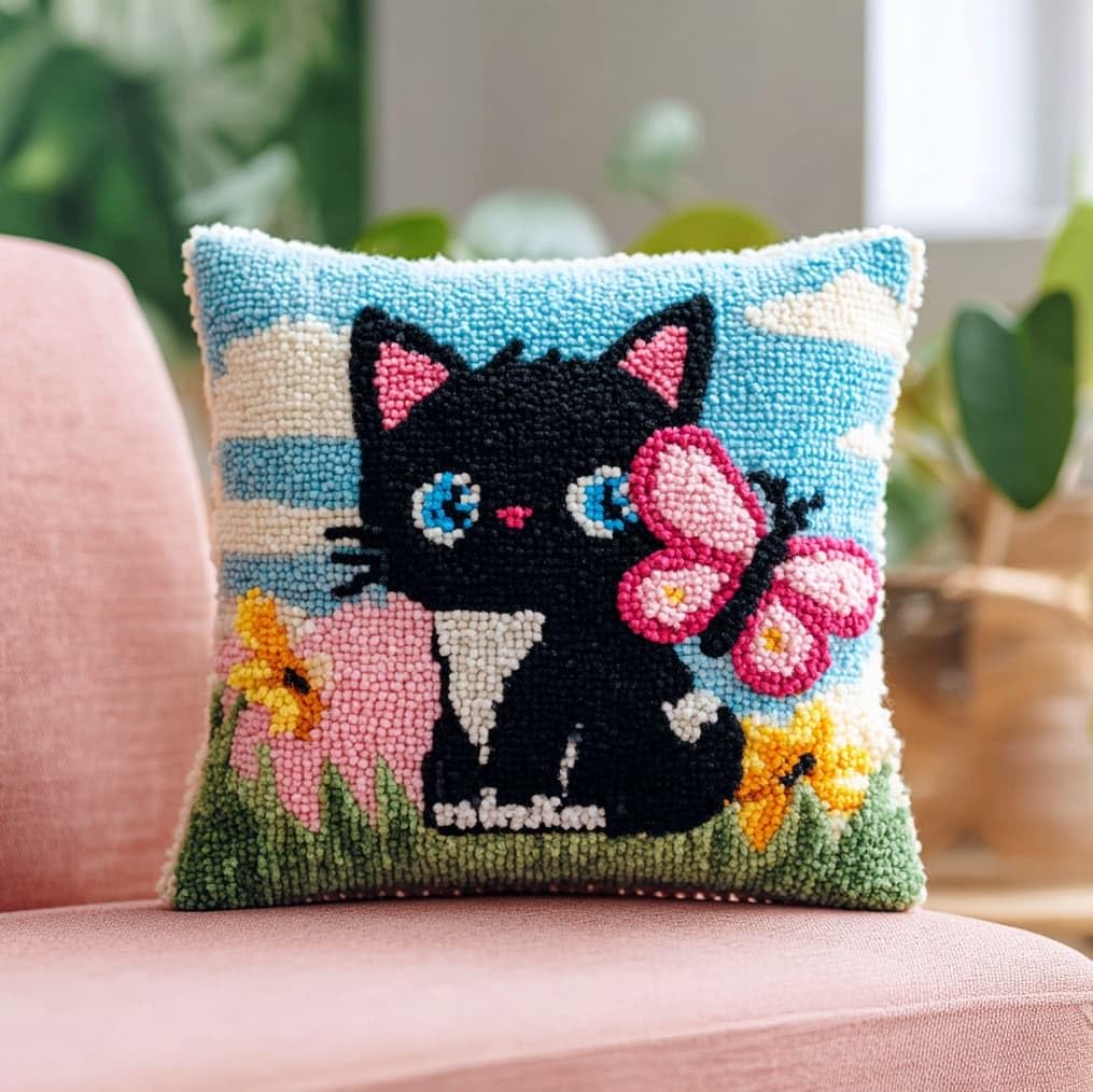 AxiangziK DIY Latch Hook Kits 43x43cm,Cats and Butterflies