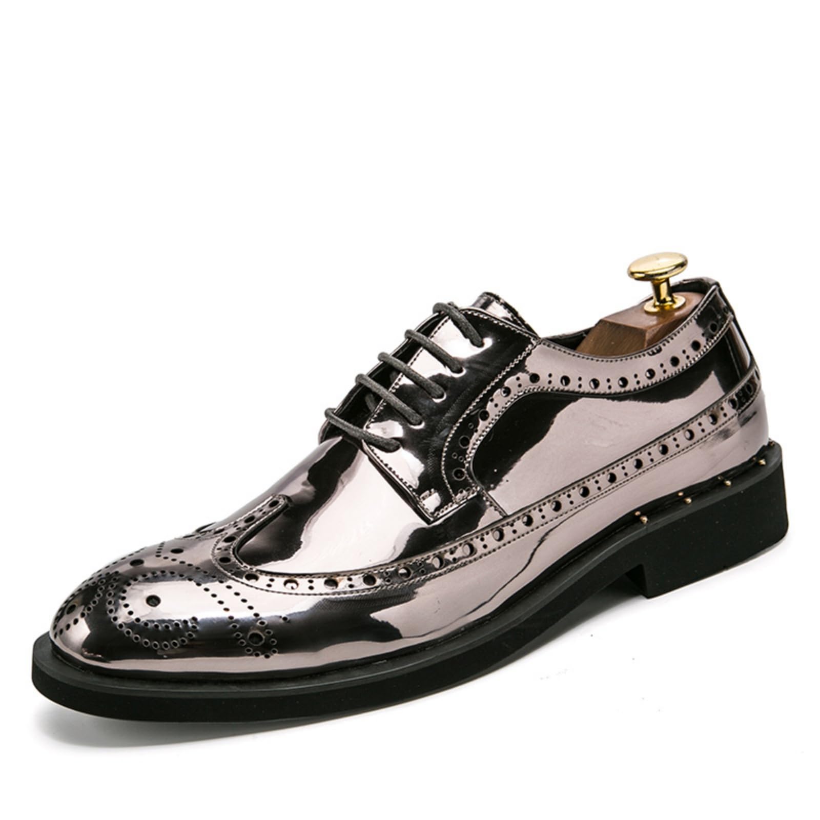 Mens Sparkle Patent Leather Brogue Wingtip Lace Up Dress Oxford Shoes Tuxedo Modern Round Toe Slip On Derby