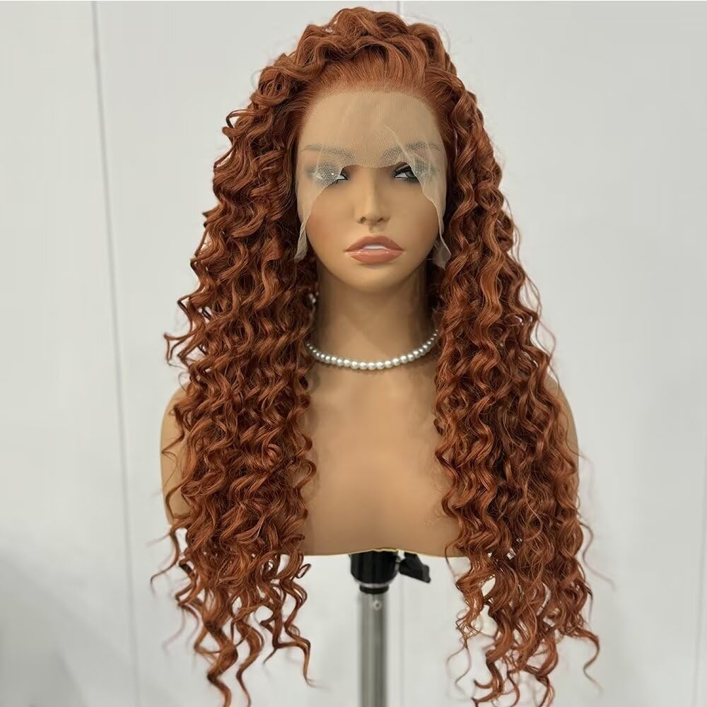 RONGDUOYI Ginger Long Curly Lace Wig Glueless Synthetic Lace Front Wigs For Women Heat Resistant Cosplay Orange 24Inch Long Deep Curl Wig Princess Merida Cosplay