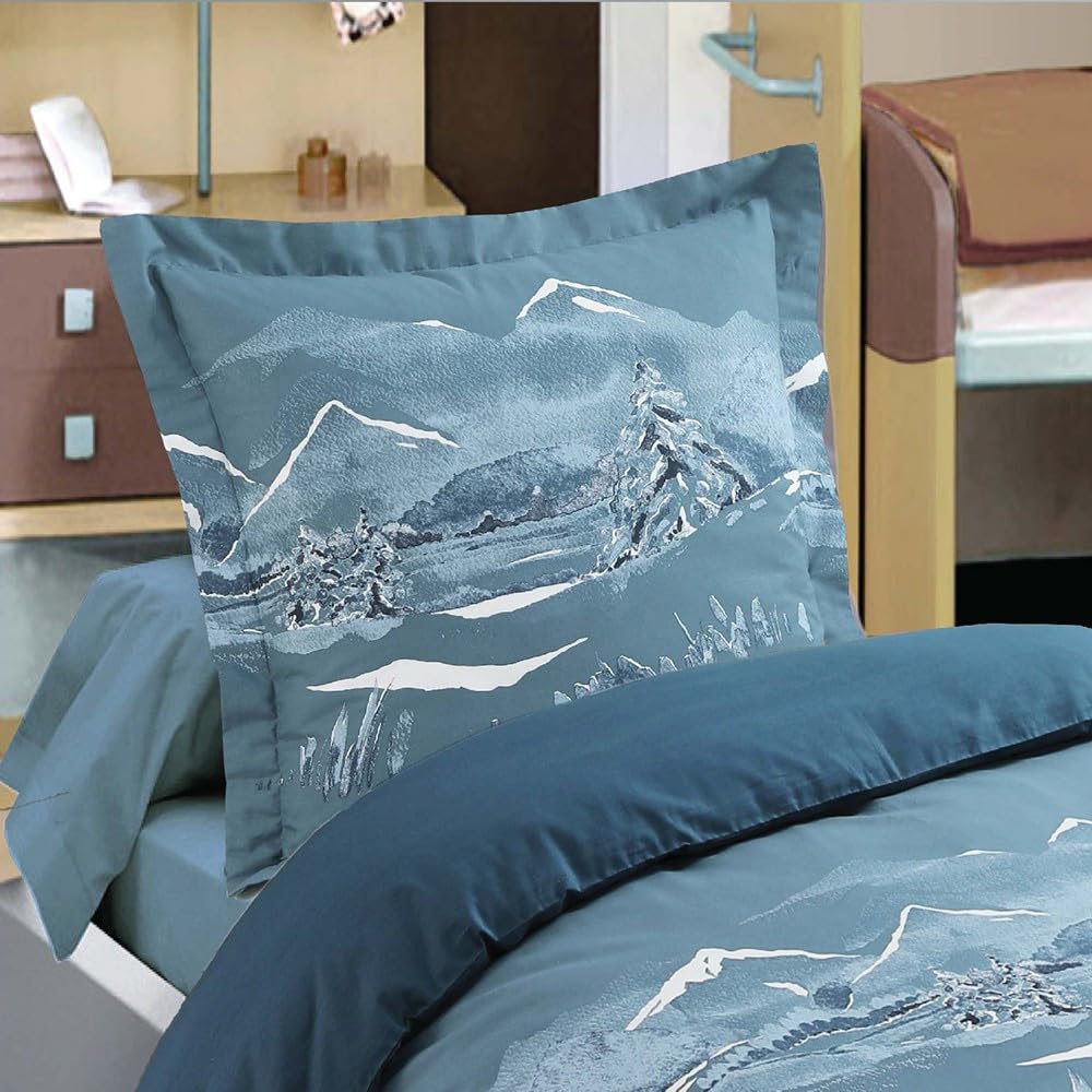 Parure de lit Nuit des Alpes - Motif Montagne Bleu et Blanc - 100% Coton