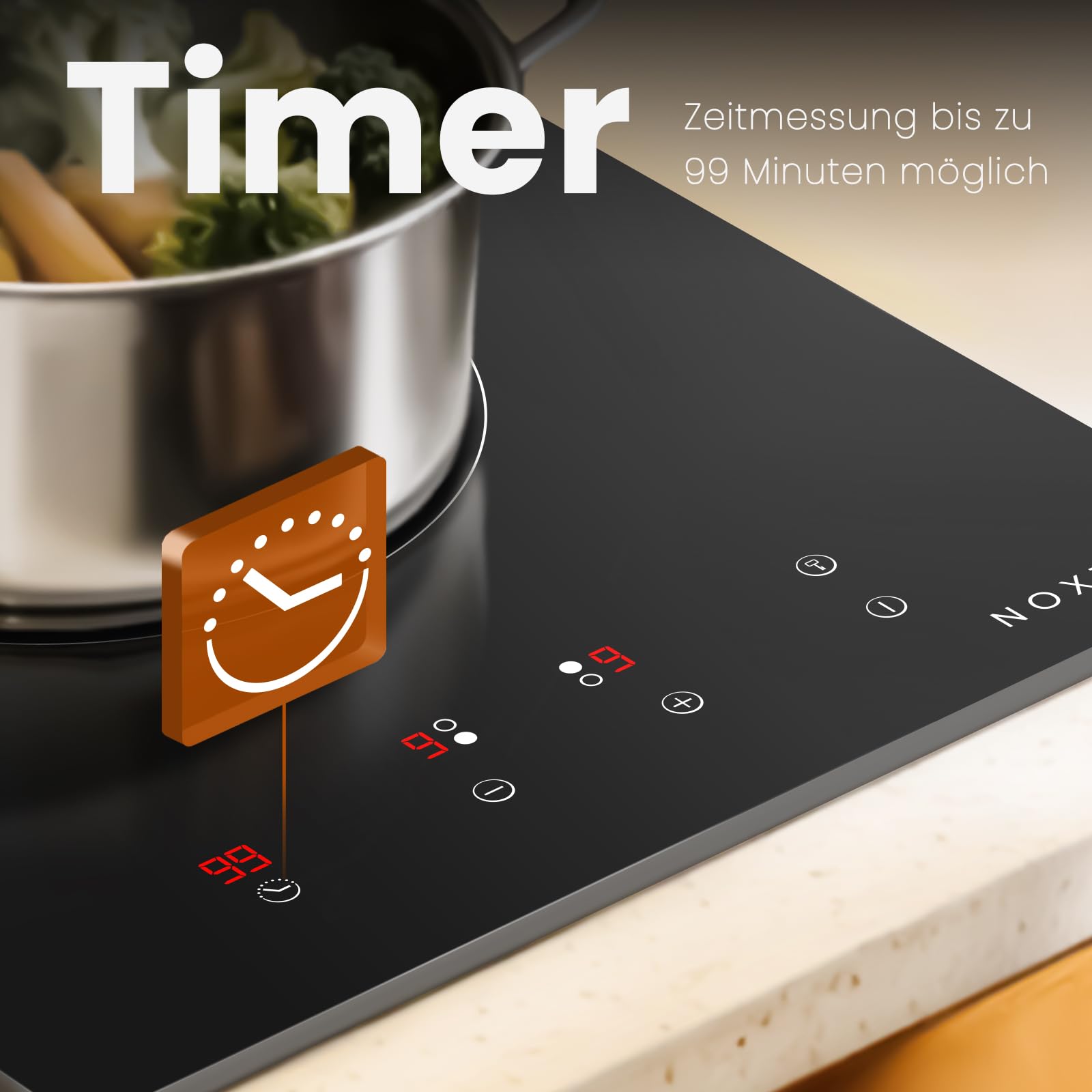 Domino Induktionskochfeld 2 Platten, Induktionskochplatte Doppelt, 3500W | Kochfeld 2 Platten Induktion Einbau mit Stecker, Touch-Steuerung, 9 Heizstufen, Timer, Kindersicherung, 220-240V