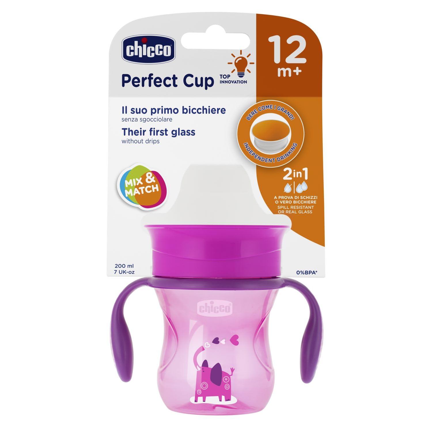 Chicco Perfect Cup 200 Ml – Tasse Apprentissage 360° Bébé 12+ Mois, Membrane Silicone Transparente, Poignées Amovibles, Sans BPA, Gris