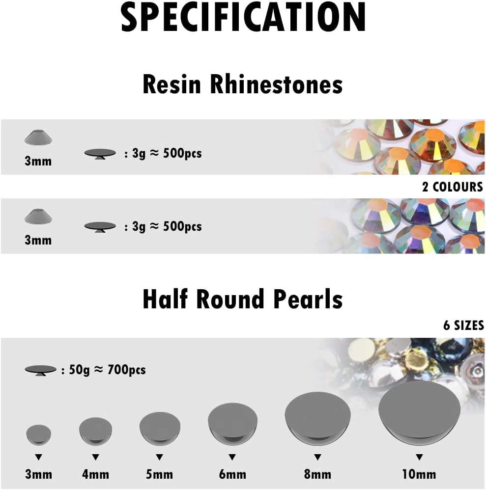 TANOSII 56g Flatback Pearls and Rhinestones 3mm-10mm Mix Half Round Pearls Resin Rhinestones for Crafts 1700PCS for DIY Nail Face Art Crafts Jewelry Decoration Black Gold - Image 3