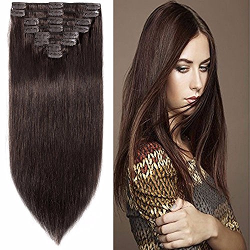 Standard Weft 22 Inch 110g Clip in 100% Real Remy Human Hair Extensions 8 Pieces 18 Clips #2 Dark Brown