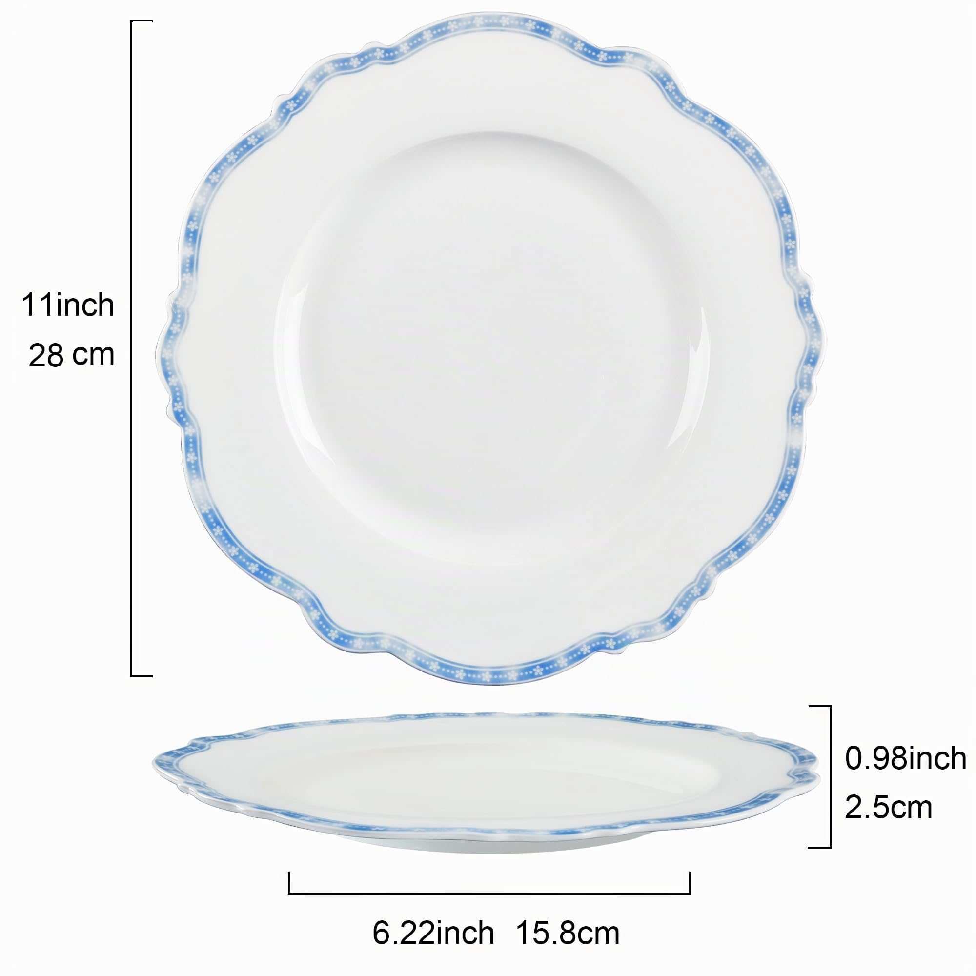 fanquare Juego de 4 Platos de Porcelana con Borde Estrella Azul, 27,5 cm Platos Llanos Redondos Vajilla Grande de Casa Gastronomía | Platos curvados para comidas diarias, fiestas, banquetes, microondas