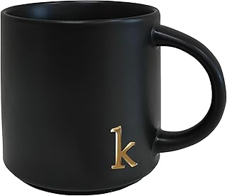 COLLECTIVE HOME Black Monogram Ceramic Mugs, 15 oz Golden Initial Coffee Cups, Elegant Alphabet Tea Mugs, Personalized Halloween Mug with Gift Box, Perfect for Office and Home Décor (k)