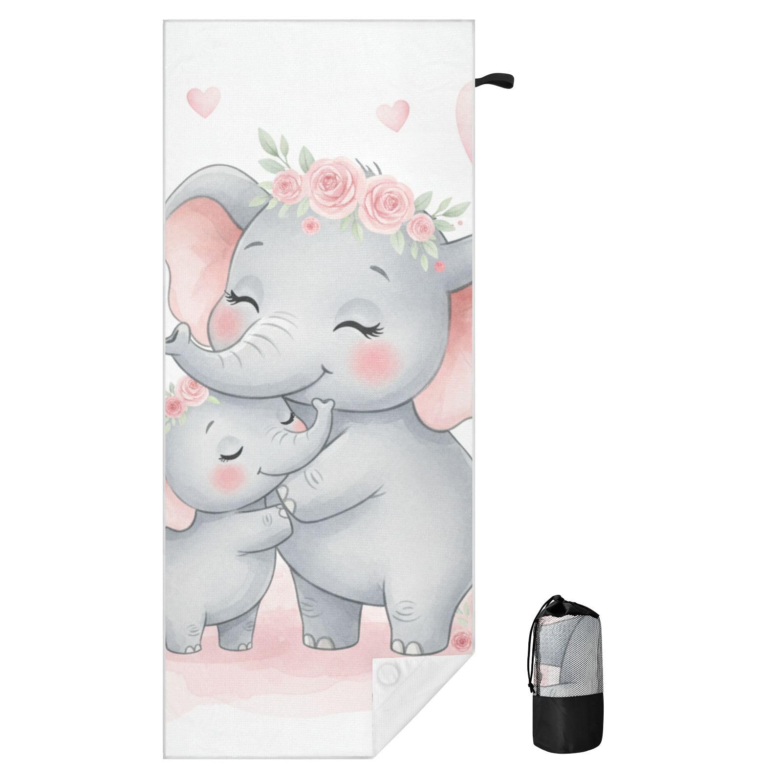 Toallas de playa grandes con bolsas de malla para adultos, toalla de baño de elefante floral rosa con cierre magnético, toalla absorbente de secado rápido para piscina, camping y viajes, 190 x