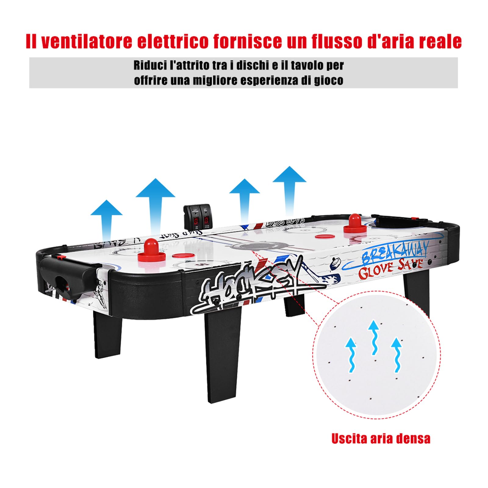 Tavolo da Air Hockey 110cm con Contatore Elettronico e Motore, Gioco da Tavolo in Legno per Bambini e Adulti